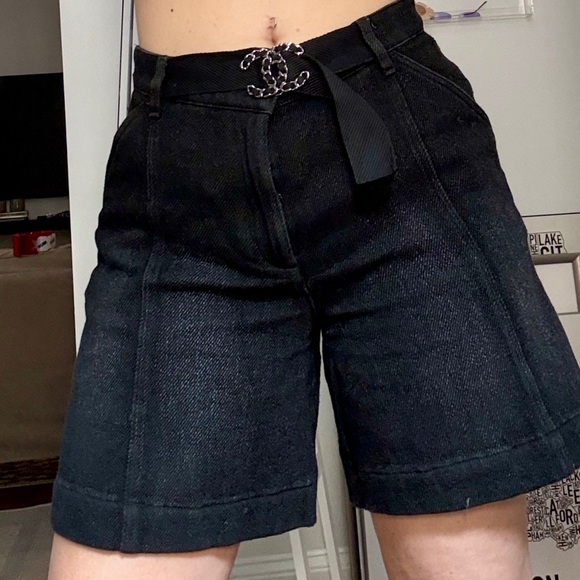 CHANEL Belted Black Denim Shorts